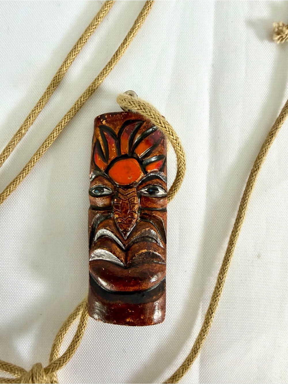 Island Tiki Pendant Adjustable Cord Length Resin Necklace EUC